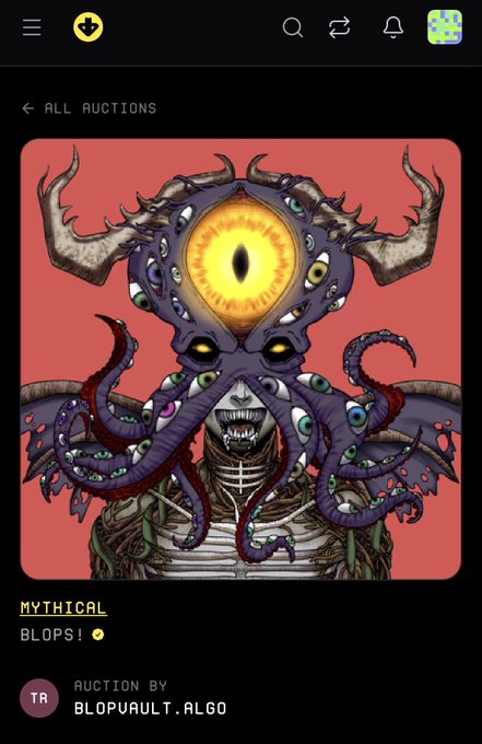 The image displays a purple alien statue or character standing upright with multiple tentacles, facing left. The text within the image indicates that this artwork was auctioned off for 500 Bitcoins. The background of the picture shows a reddish-orange hue, suggesting an NFT market setting. The main focus is on the purple creature and its auctioning history.