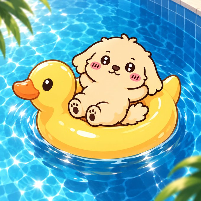 A cute cartoon illustration of a small fluffy puppy sitting on a yellow duck-shaped floatie in a sparkling blue swimming pool.