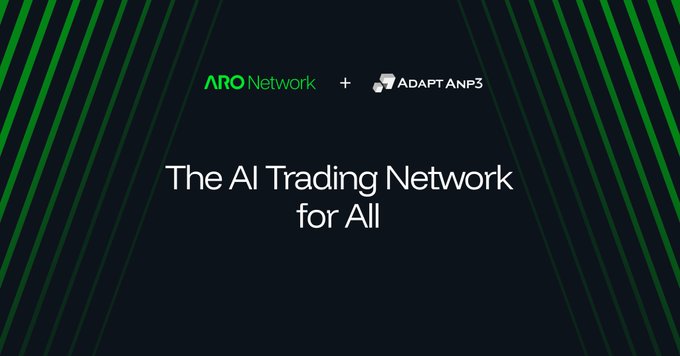 The image displays a partnership announcement graphic featuring the logos of "ARO Network" and "Adapt ANP3" separated by a plus sign, with the tagline "The AI Trading Network for All" centered on a dark background with green diagonal stripes. The graphic visually reinforces the post's announcement of a collaboration between Aro Network and Adapt, highlighting their joint mission to democratize Wall Street-grade quant trading through decentralized AI infrastructure.