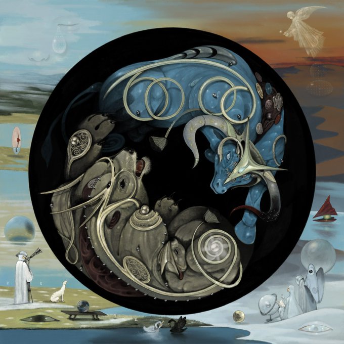 A surreal painting featuring two large intertwined fish-like creatures within a dark sphere, surrounded by a landscape with a hooded figure and floating spheres.