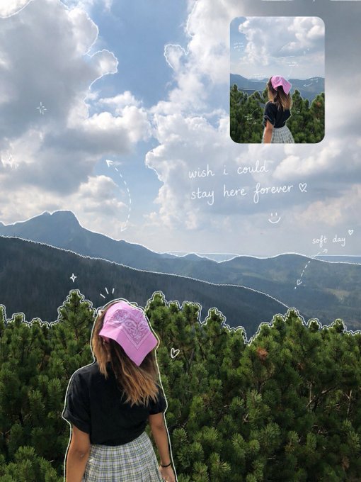 A edited photo of a woman in a pink cap standing among pine trees looking at mountains, with handwritten text 'wish i could stay here forever' and a Polaroid-style inset.