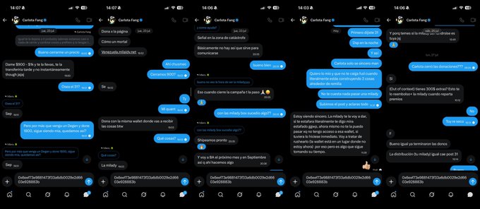 The image shows a series of six WhatsApp message screenshots from a conversation with "Carlota Fang," featuring messages in Spanish about saving $2000 in milady (cryptocurrency) to donate to a campaign, alongside other text exchanges on various topics.