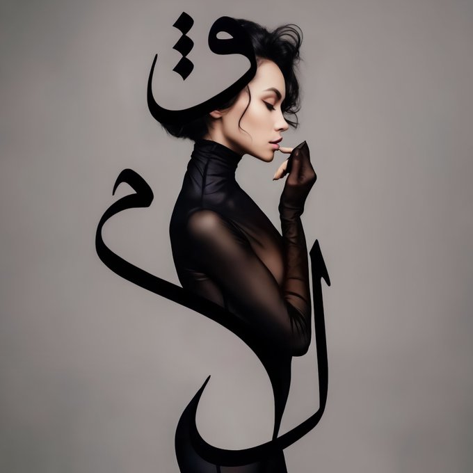 A stylized fashion photograph featuring a woman in profile wearing a black mesh top and long gloves, with dramatic black calligraphic strokes swirling around her form against a gray background.