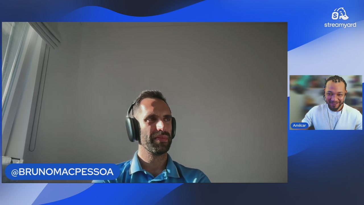 The image shows a man wearing headphones sitting at his computer with a screen displaying him talking to another person through a video call. The background of the image features a blue wave pattern, which adds an artistic touch to the scene. The caption below the image provides information about the event and its relation to the post on social media.