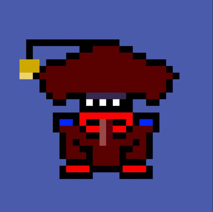 A pixel art character with a large dark red hat or hair, red clothing, and a red scarf, standing against a solid blue background.