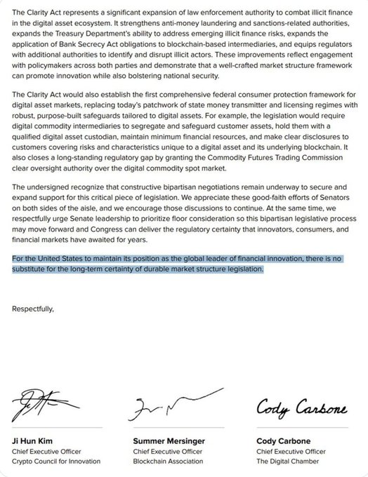 The image shows the closing portion of a joint letter signed by Ji Hun Kim (Crypto Council for Innovation), Summer Mersinger (Blockchain Association), and Cody Carbone (The Digital Chamber), urging Senate leadership to prioritize floor consideration of the Clarity Act, with a highlighted statement emphasizing that there is "no substitute for the long-term certainty of durable market structure legislation" to maintain U.S. leadership in financial innovation.