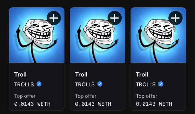 The image features three different cartoon faces with the word " Troll" written below each one. The faces are arranged vertically, creating an interesting visual effect. Below the faces, there's text that reads " Trolls", followed by a list of options for purchasing these " Trolls". The options include " Trolls", " Trolls + Trolling", and " Trolls - Trolling". Additionally, there is a price listed below each option, with the first option being priced at 0.43, the second one at 0.53, and the third one at 0.63.