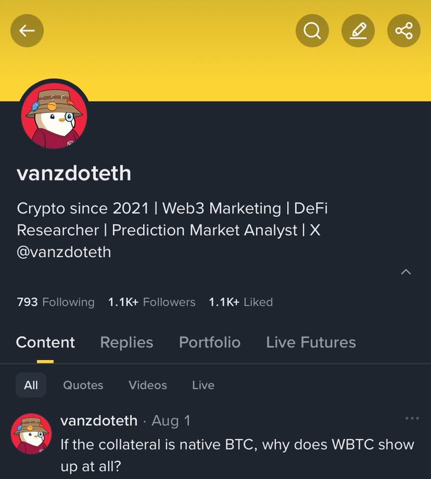 The image shows a Binance Square profile for "vanzdoteth" with 1.1K+ followers and 1.1K+ likes, featuring a bio about crypto since 2021 and a post questioning why WBTC shows up when collateral is native BTC. The profile's modest follower count of 1.1K visually illustrates the user's struggle with low reach and limited algorithmic promotion on the platform.