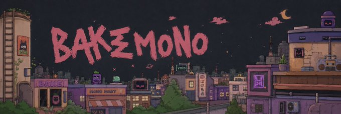 A pixel-art cityscape banner promoting "BAKEMONO" in jagged pink text against a starry night sky, featuring little monster characters peeking out of buildings with signs like "VOID," "KOZMO PRINTS," and "LETS GO," matching the post's teaser for the upcoming Bakemono NFT IP launch on Ethereum.