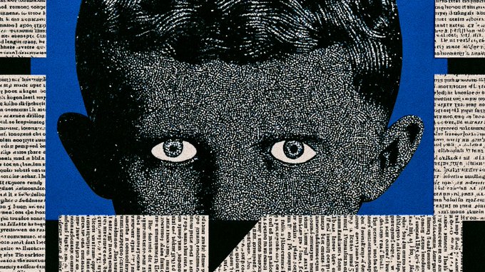A striking black and white halftone portrait of a boy's face with intense eyes is set against a blue background with strips of newspaper text.