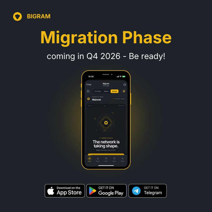 A dark-themed advertisement with a yellow logo for 'BIGRAM' announcing a 'Migration Phase coming in Q4 2026 - Be ready!' and showing a smartphone app interface along with App Store, Google Play, and Telegram download badges.