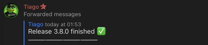 Discord notification from 'Tiago' forwarding a message that reads 'Release 3.8.0 finished' with a green checkmark.