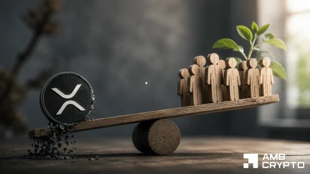 A seesaw weighing the XRP token against wooden figures symbolizing community growth, illustrating XRPL's record-breaking account surge to 8.403 million and a 7-year low in exchange supply.
