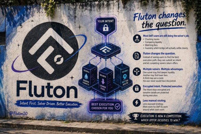 A street mural advertising "Fluton," an intent-based execution protocol. It explains how it changes the question from user execution to competing solvers, with benefits like deeper liquidity, better routes, and encrypted intent, tagged @FlutonIO.