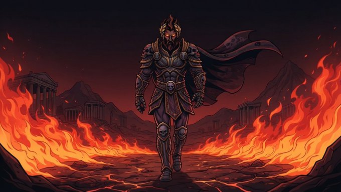 An illustrated fantasy scene depicts an armored warrior with a flaming head and skull-adorned armor walking forward through a fiery landscape with ruins in the background.