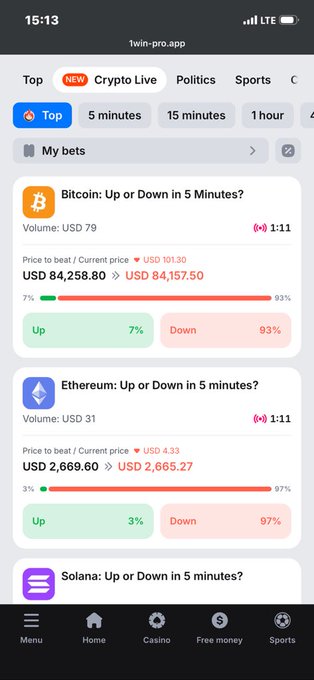 A mobile app screenshot from twin-pro.app showing cryptocurrency betting markets for Bitcoin, Ethereum, and Solana with up/down predictions for 5-minute intervals.