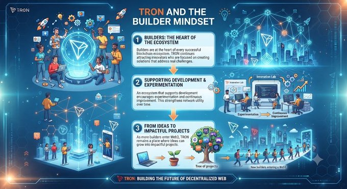 A futuristic TRON-branded infographic titled "TRON and the Builder Mindset," featuring three numbered sections (1. Builders: The Heart of the Ecosystem, 2. Supporting Development & Experimentation, 3. From Ideas to Impactful Projects) with illustrations of developers, innovation labs, and a growing "tree of projects," visually reinforcing the post's message about TRON fostering a builder-driven, experimental blockchain ecosystem that turns ideas into impactful Web3 projects.