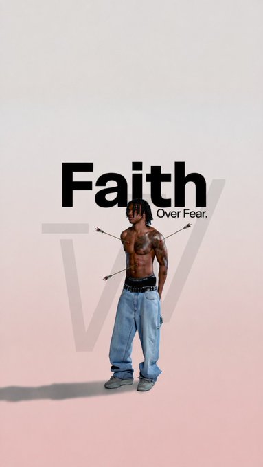 A shirtless, tattooed figure in baggy jeans stands centered against a soft pink background, with the bold text "Faith Over Fear" displayed behind him—visualizing the spiritual rebirth referenced in the caption, where a new $ANSEM believer has emerged renewed in conviction rather than doubt.