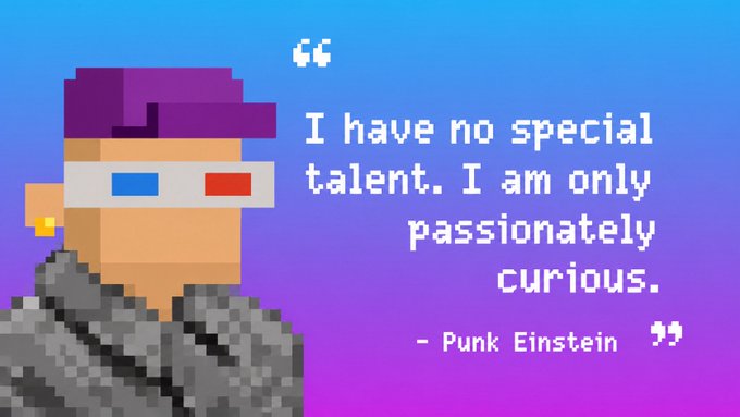 Pixel art "Punk Einstein" with 3D glasses and purple cap, paired with the quote "I have no special talent. I am only passionately curious."