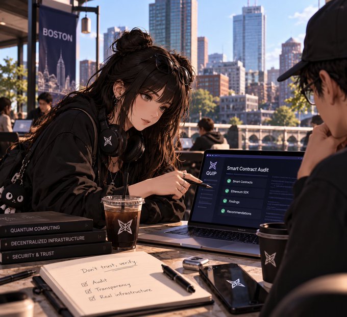 An anime-style illustration of a woman with headphones pointing at a laptop displaying a 'QUIP Smart Contract Audit' interface, surrounded by books on 'Decentralized Infrastructure' and a 'Don't trust, verify' checklist.