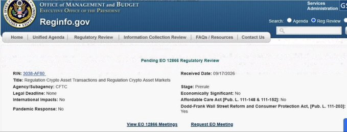 A screenshot from Reginfo.gov showing a Pending EO 12866 Regulatory Review for 'Regulation Crypto Asset Transactions and Regulation Crypto Asset Markets' under the CFTC, received on 09/17/2026.