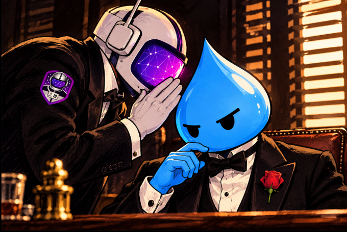 A digital illustration of two anthropomorphic characters in formal suits: one with a white helmet and purple screen face, and another with a blue water droplet head, in what appears to be a dimly lit restaurant setting.