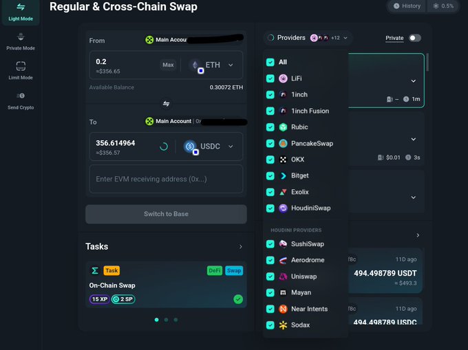 A dark-mode cryptocurrency swap interface showing a trade of 0.2 ETH (~$356.65) to 356.614964 USDC with various liquidity providers listed including LiFi, 1inch, 1inch Fusion, Rubic, PancakeSwap, OKX, Bitget, Exolix, HoudiniSwap, and SushiSwap.