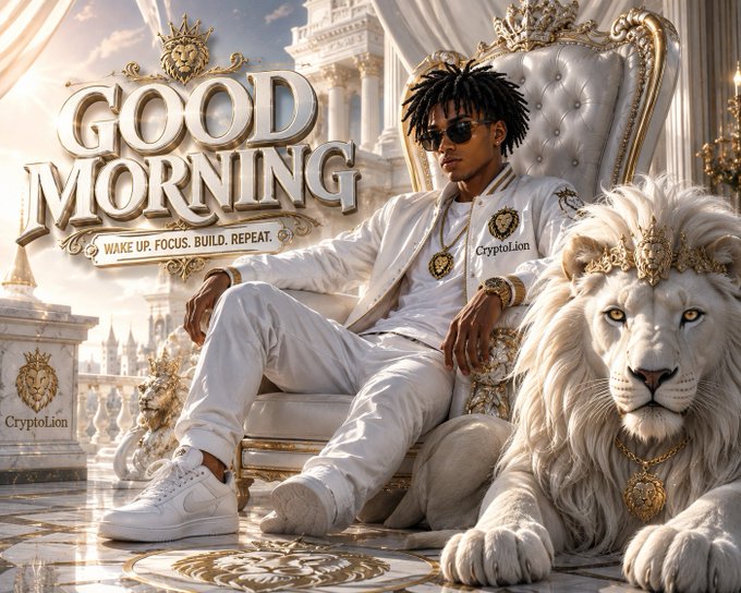 An AI-generated image of a young man sitting on a golden throne beside a majestic lion, branded with "GOOD MORNING WAKE UP. FOCUS. BUILD. REPEAT." and "Cryptolion".