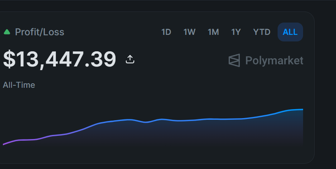 A Profit/Loss dashboard showing all-time earnings of $13,447.39 from Polymarket, with an upward-trending line graph.