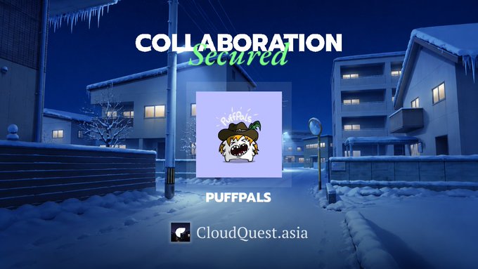 A winter scene graphic with snow-covered buildings and ice, displaying 'COLLABORATION Secured', a 'PUFFPALS' NFT logo, and the website CloudQuest.asia.