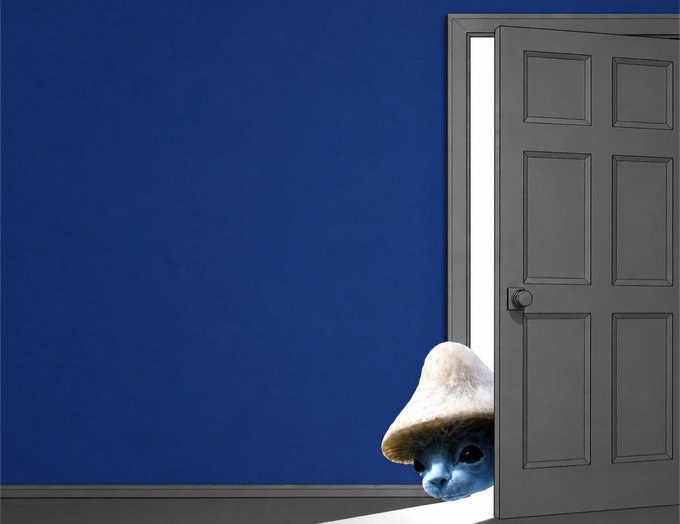 A whimsical scene of a blue cat wearing a large mushroom cap peeking through a partially opened gray door against a deep blue wall.