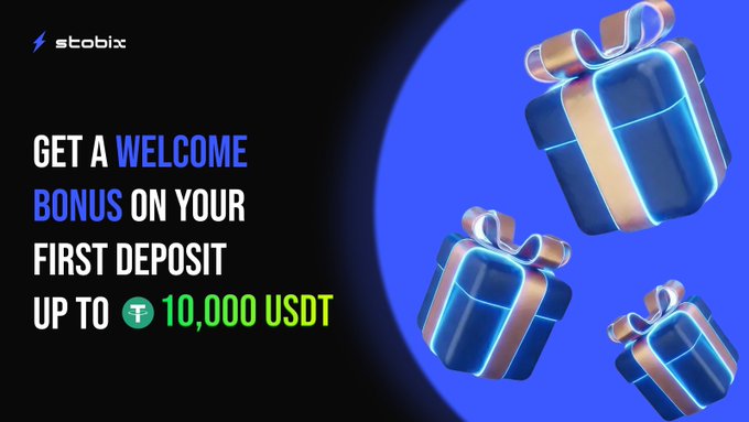 Stobix promotional banner offering a welcome bonus up to 10,000 USDT on first deposit, featuring 3D blue gift boxes with ribbons.