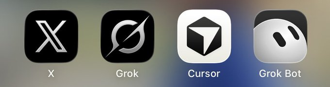 Four app icons displayed in a row: X, Grok, Cursor, and Grok Bot.
