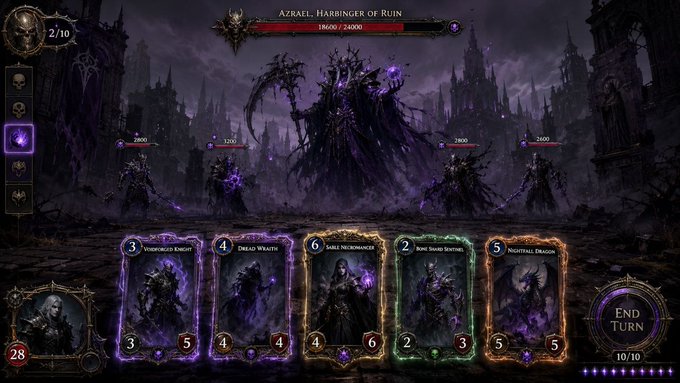 A screenshot of a dark fantasy card game showing a battle against 'AZRAEL, HARBINGER OF RUIN' with cards like 'VORACIOUS KNIGHT' and 'NIGHTFALL DRAGON' displayed.