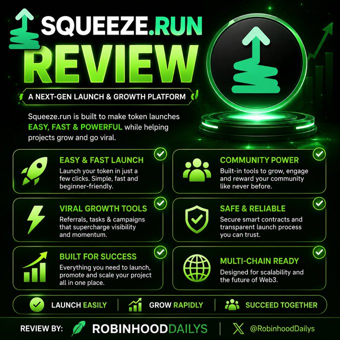 A review infographic for SQUEEZE.RUN, described as a 'Next-Gen Launch & Growth Platform,' highlighting features like easy launches, community power, viral tools, safety, multi-chain readiness, and built for success, reviewed by RobinhoodDailys.