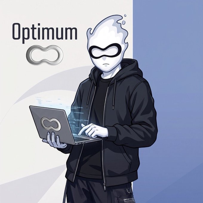 An illustration of a masked white character wearing a black hoodie, typing on a laptop with the 'Optimum' logo, which resembles an infinity symbol.