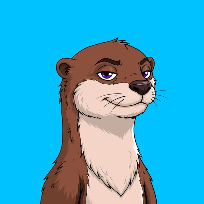 An illustrated brown and cream otter with purple eyes looks to the side against a bright blue background.