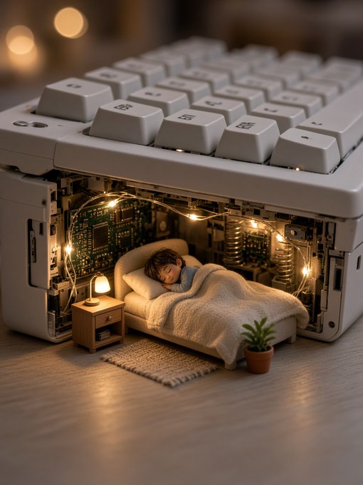 A whimsical 3D-rendered diorama shows a child sleeping in a tiny bed tucked inside the exposed circuit board interior of a white computer keyboard, lit by warm string lights.