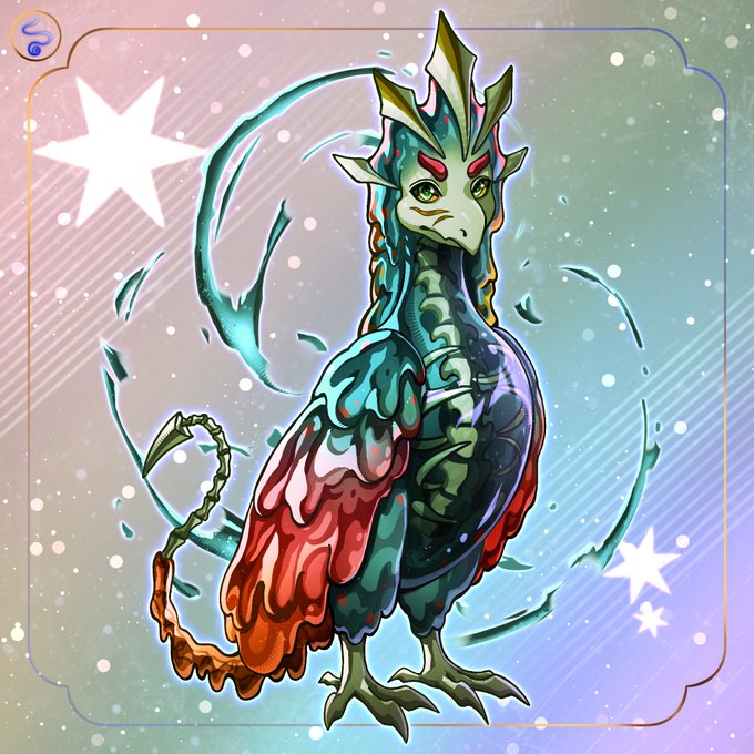 A fantasy illustration of a colorful dragon-like creature with teal and red coloring, feathered wings, and intricate patterns standing against a pastel starry background.