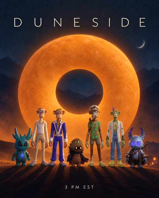 Promotional poster for "DUNESIDE" featuring stylized animated characters standing before a large orange eclipse, with "3 PM EST" displayed at the bottom.