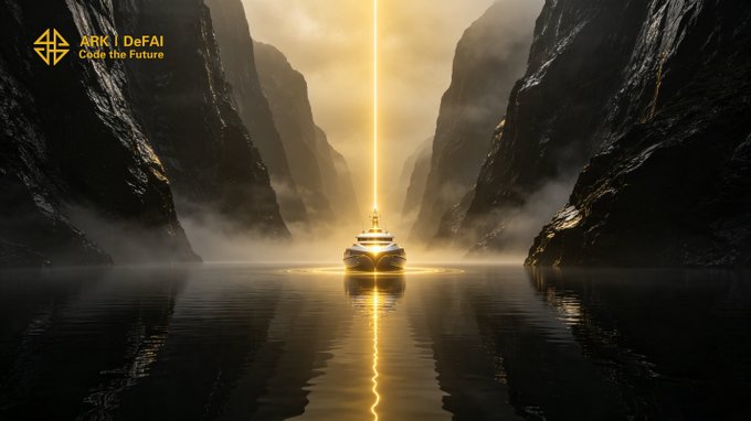 A glowing open book emits a vertical beam of light across a misty, reflective fjord, flanked by dark cliffs—symbolizing the Arkie AI App's role as the guiding light for ARK users. The "ARK | DeFAI — Code the Future" logo in the top left ties the visionary imagery to the post's theme of unified direction and forward momentum.
