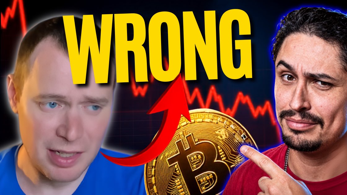 A YouTube thumbnail featuring two men pointing at a Bitcoin coin, with bold yellow "WRONG" text and a downward-trending red chart graphic, suggesting one commentator made an incorrect prediction about Bitcoin's price movement amid discussion of sidelined investors.
