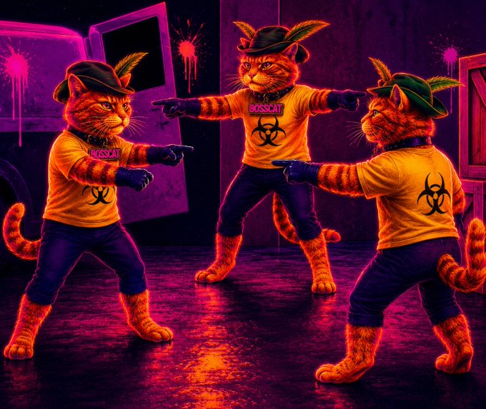 A neon-lit illustration of three anthropomorphic cats wearing yellow shirts with biohazard logos and hats, pointing at each other in a standoff.
