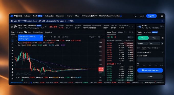 A MEXC trading interface displaying the MRVL.USDT perpetual futures chart at $217.68, illustrating how the platform offers stock-based products for both long-term holding and short-term trading around earnings events like MRVL's reported 30%+ gain.
