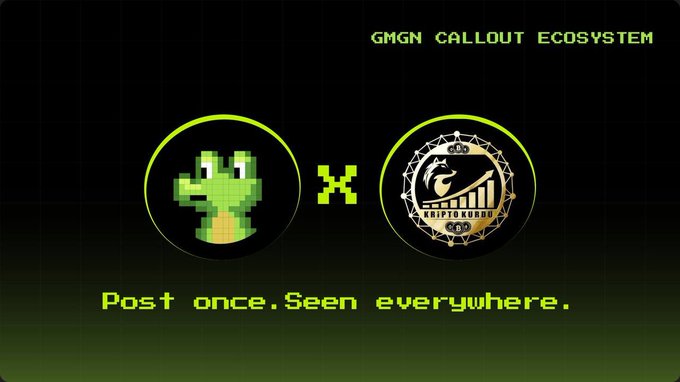 A digital promotional graphic titled "GMGN CALLOUT ECOSYSTEM" featuring a pixelated green snake logo alongside a gold "Kryptoburo" badge, with the tagline "Post once. Seen everywhere." at the bottom.