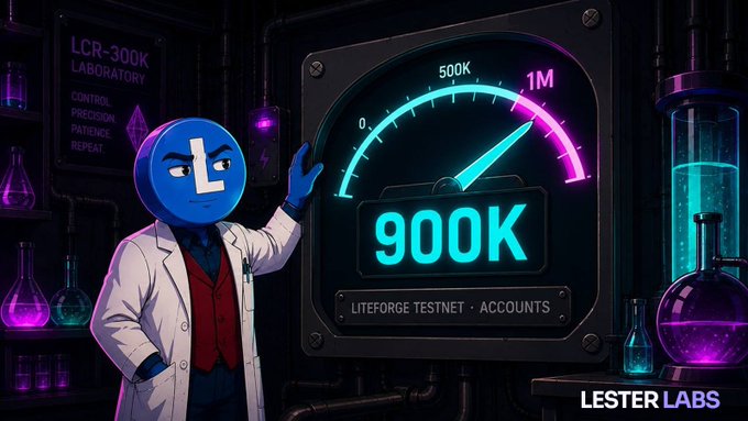 A stylized illustration for 'Lester Labs' featuring an LCR-300K Laboratory theme, with a blue mascot character in a lab coat pointing to a gauge showing 900K accounts on the 'Liteforge Testnet'.
