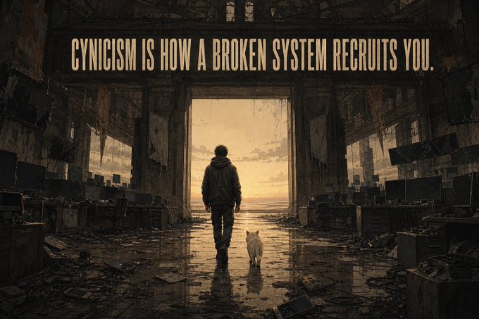 A post-apocalyptic scene showing a person walking with a white cat toward a bright opening in a ruined building, with the text 'CYNICISM IS HOW A BROKEN SYSTEM RECRUITS YOU.' displayed above.