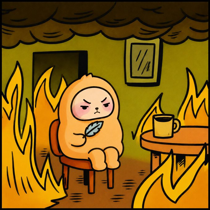 A cartoon illustration of an angry character in an orange hooded suit sitting on a chair, holding a feather, surrounded by flames in a room with a coffee mug on a table.