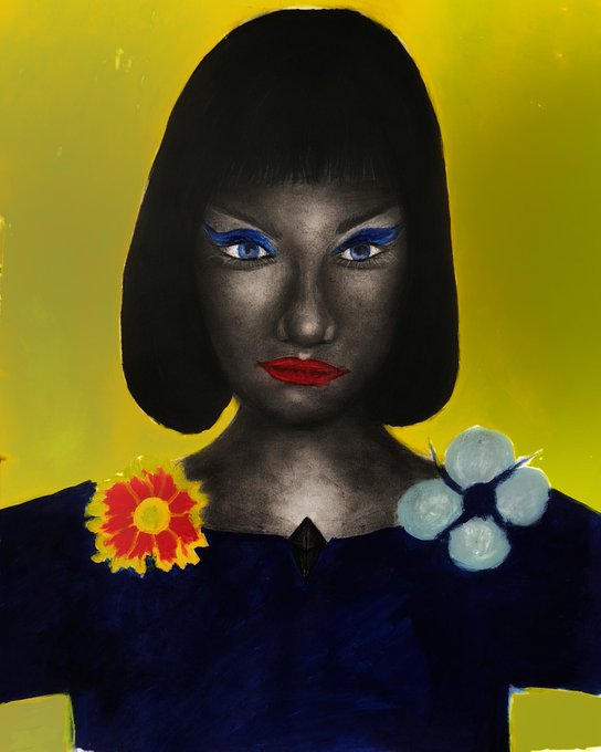 A stylized portrait painting of a woman with a black bob haircut, dark skin, blue eyeshadow, and red lips, wearing a dark blue top adorned with a red and yellow flower and a cluster of blue berries, set against a bright yellow background.