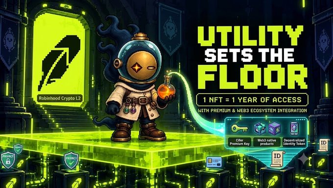 A promotional graphic for Robinhood Crypto L2 NFT collection stating 'UTILITY SETS THE FLOOR' and '1 NFT = 1 YEAR OF ACCESS', featuring a cartoon astronaut character holding a glowing potion.